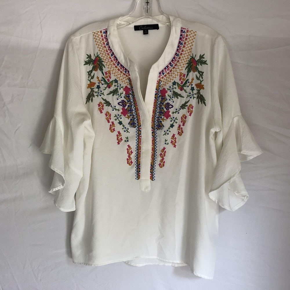Calessa Blouse Womens Small White Embroidered Floral Bell Sleeve Tunic Top Boho